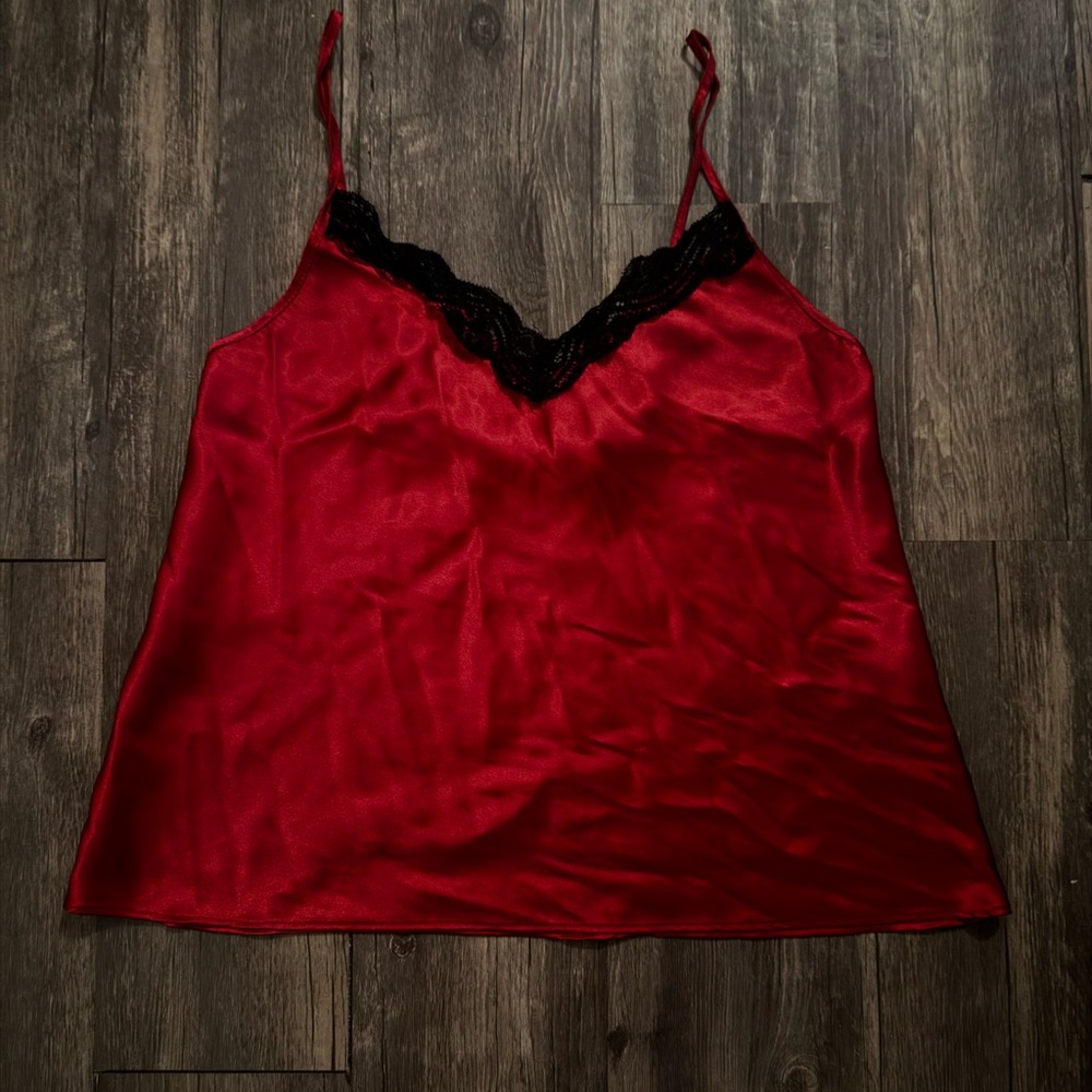 red satin cami with black lace trim